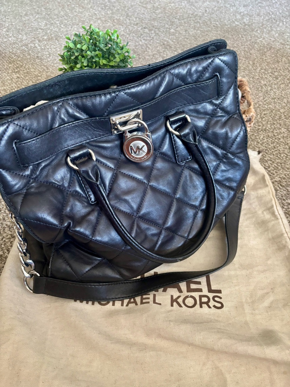 Michael Kors Black Quilted Leather Shoulder Bag with Silver Hardware